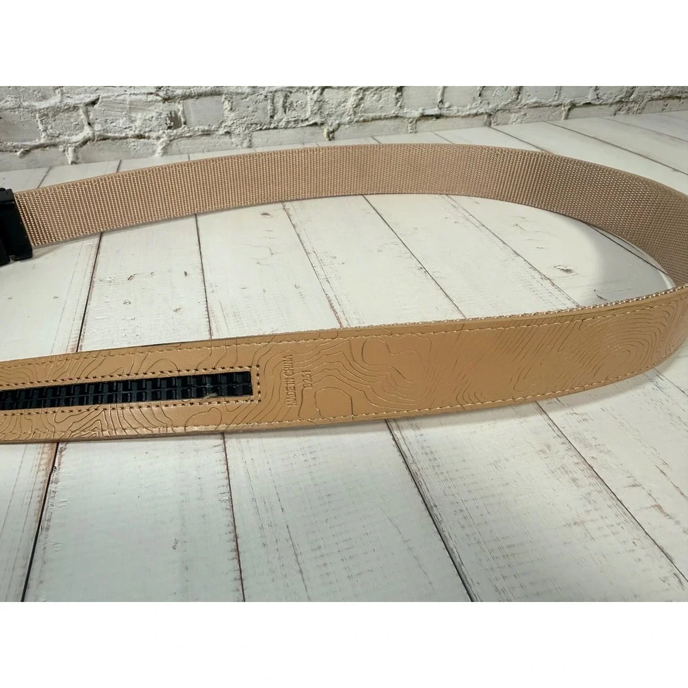 Mission Belt Mens Tan Nylon Ratchet Belt Black Buckle Topographic Map 42 Inch